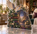 Artwork visualization: Enchanted library arch — personalized housewarming, personalized EMMA, subject-shaped acrylic with printed optical 3D depth; not carved relief.