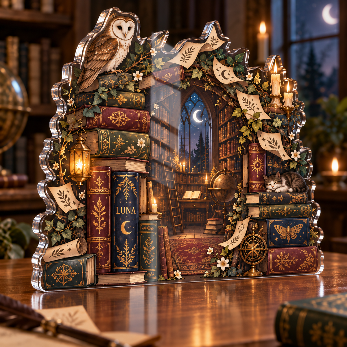 Artwork visualization: Enchanted library arch — quiet corner decoration, personalized LUNA, subject-shaped acrylic with printed optical 3D depth; not carved relief.