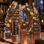 Artwork visualization: Enchanted library arch — quiet corner decoration, personalized LUNA, subject-shaped acrylic with printed optical 3D depth; not carved relief.
