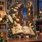 Artwork visualization: Enchanted library arch — apartment gallery wall, personalized SOPHIA, subject-shaped acrylic with printed optical 3D depth; not carved relief.