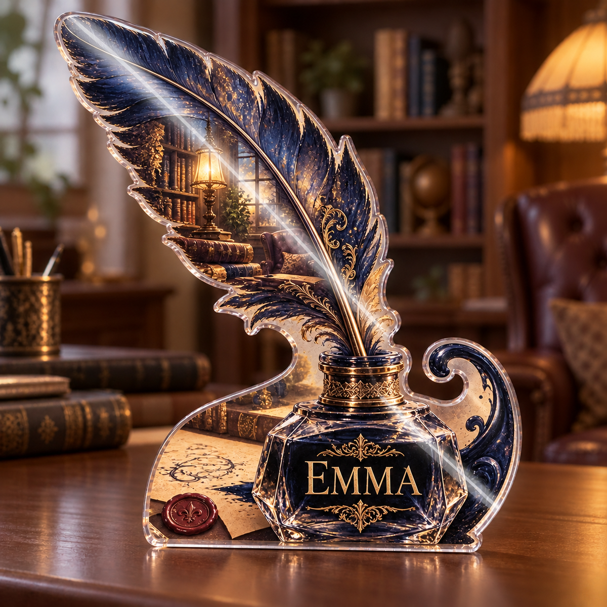 Artwork visualization: Quill and inkwell — reading nook decor, personalized EMMA, subject-shaped acrylic with printed optical 3D depth; not carved relief.