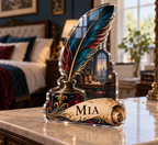 Artwork visualization: Quill and inkwell — bedroom statement decor, personalized MIA, subject-shaped acrylic with printed optical 3D depth; not carved relief.