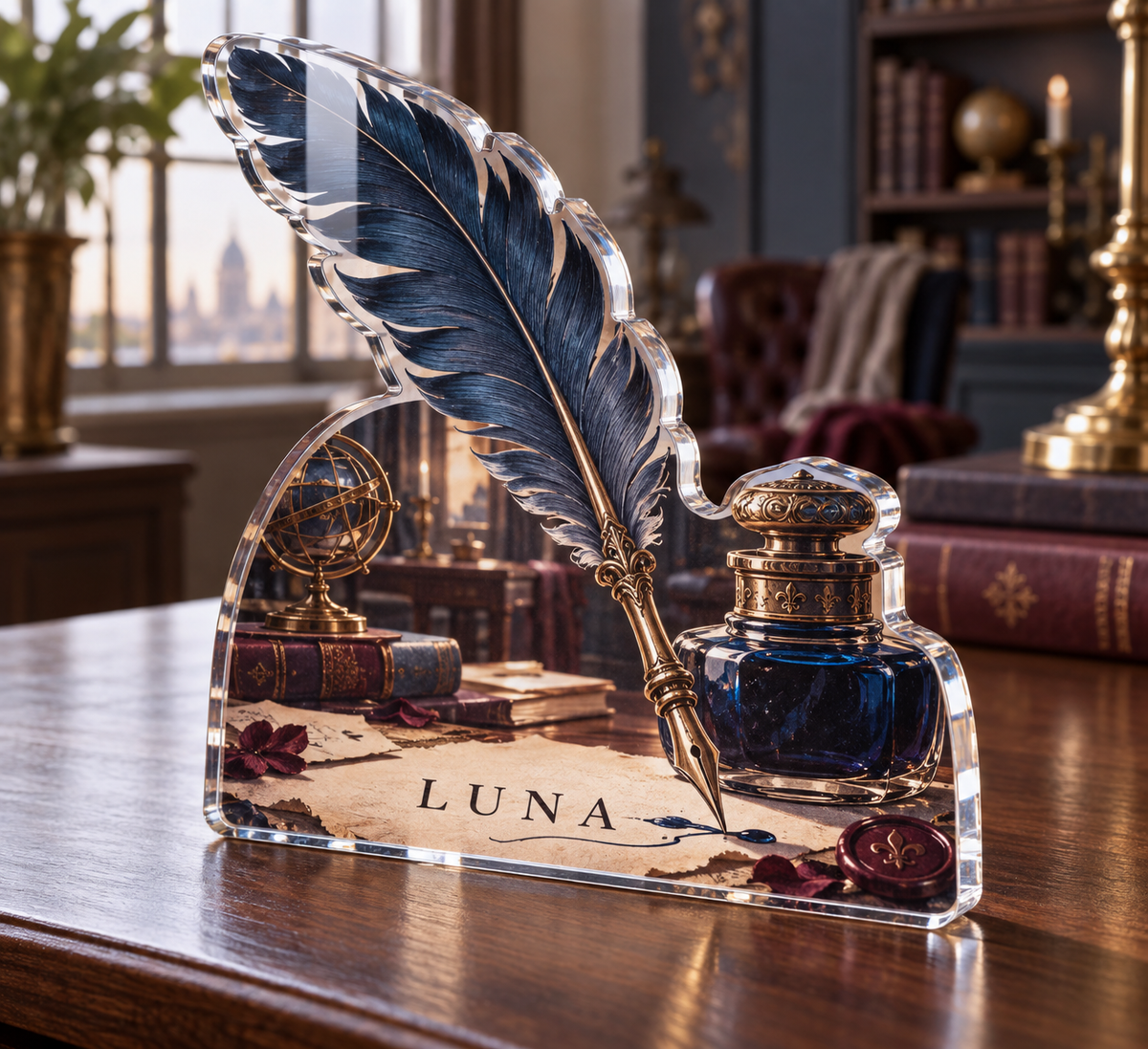 Artwork visualization: Quill and inkwell — home office backdrop, personalized LUNA, subject-shaped acrylic with printed optical 3D depth; not carved relief.