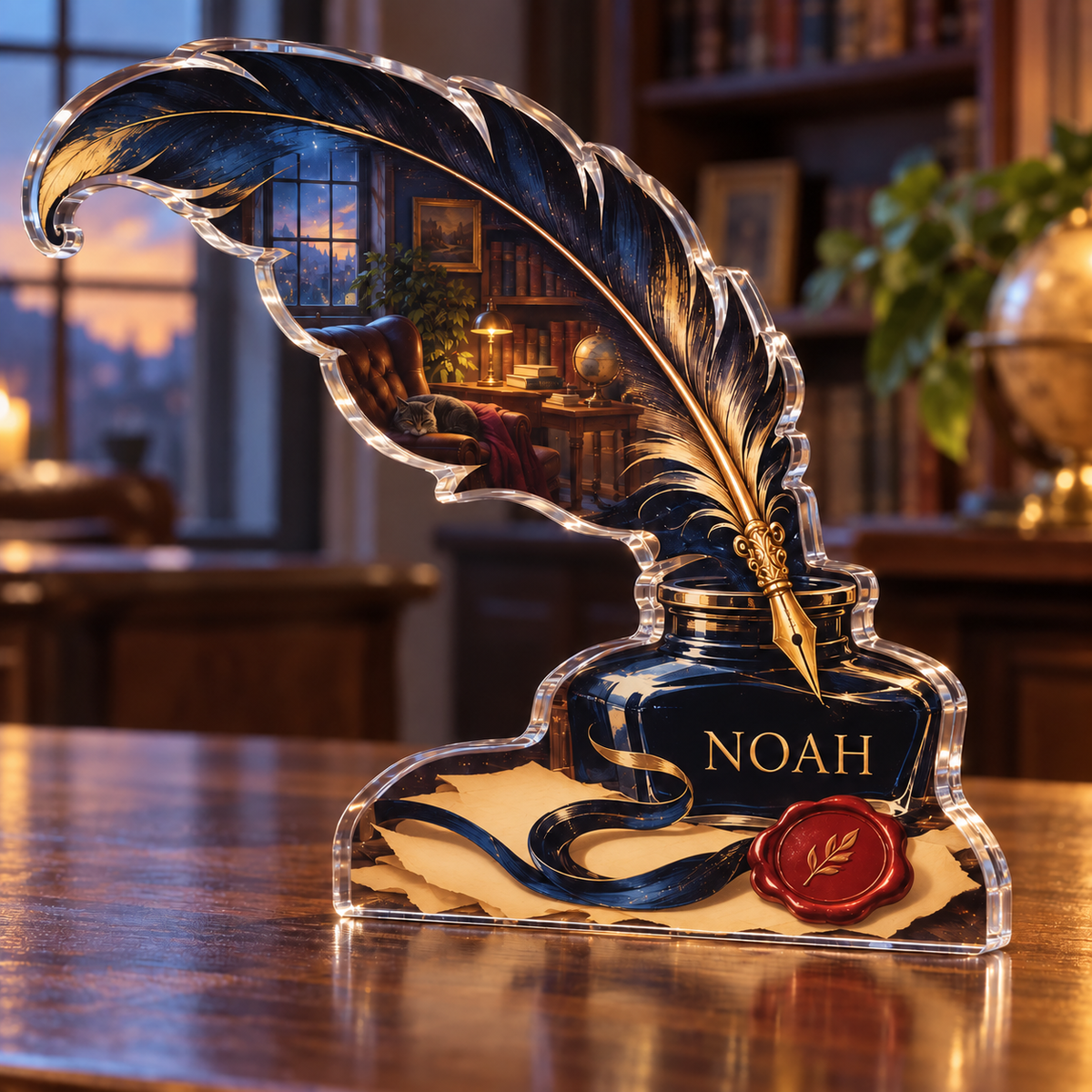 Artwork visualization: Quill and inkwell — personalized housewarming, personalized NOAH, subject-shaped acrylic with printed optical 3D depth; not carved relief.