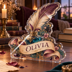 Artwork visualization: Quill and inkwell — quiet corner decoration, personalized OLIVIA, subject-shaped acrylic with printed optical 3D depth; not carved relief.