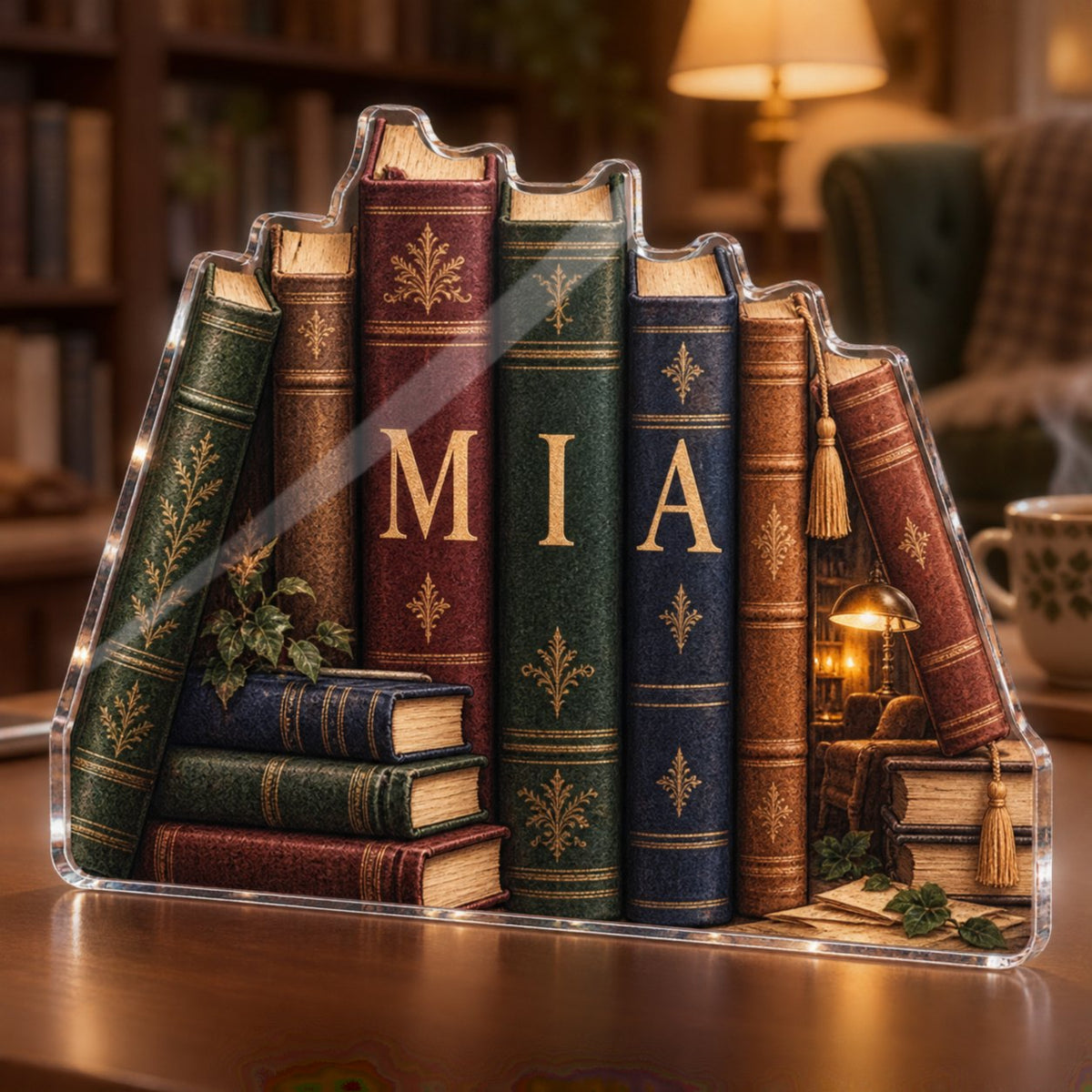 Personalized Anonymous Book Spines Reading Nook Decor custom shape acrylic plaque with an example name set into the artwork, digital preview