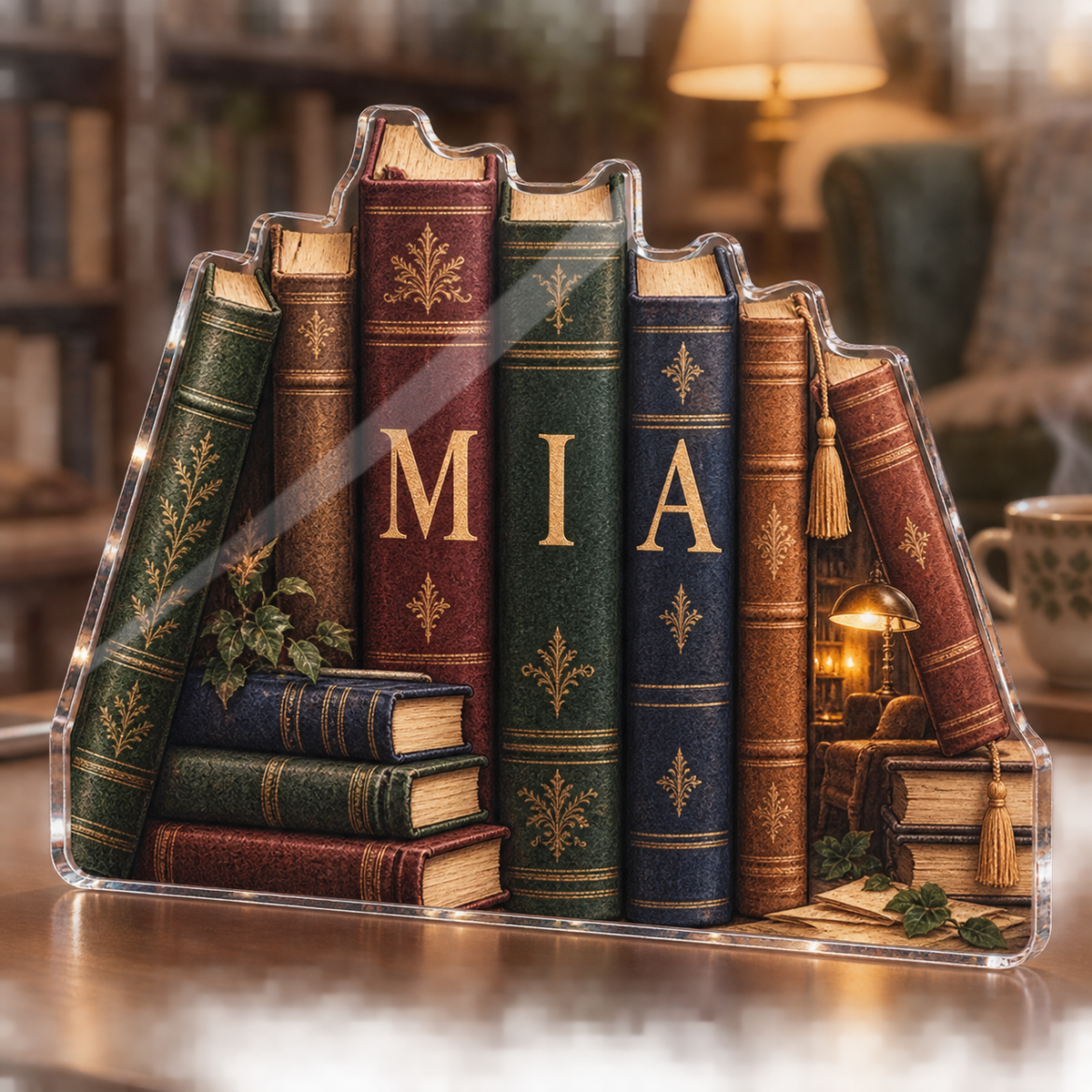Artwork visualization: Anonymous book spines — reading nook decor, personalized MIA, subject-shaped acrylic with printed optical 3D depth; not carved relief.