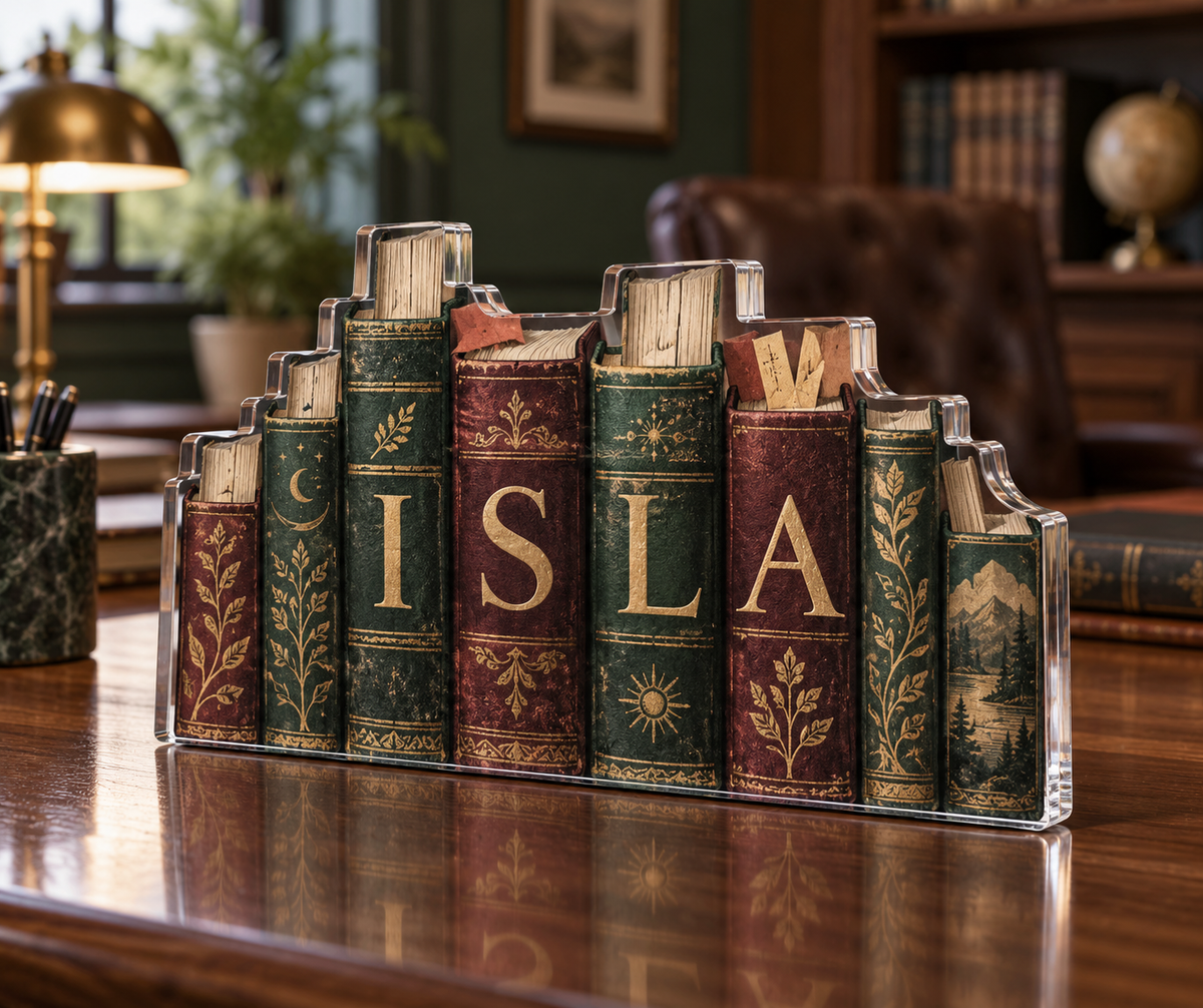 Artwork visualization: Anonymous book spines — home office backdrop, personalized ISLA, subject-shaped acrylic with printed optical 3D depth; not carved relief.