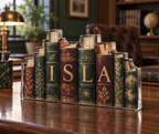Artwork visualization: Anonymous book spines — home office backdrop, personalized ISLA, subject-shaped acrylic with printed optical 3D depth; not carved relief.