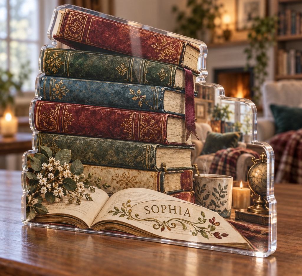 Artwork visualization: Anonymous book spines — personalized housewarming, personalized SOPHIA, subject-shaped acrylic with printed optical 3D depth; not carved relief.