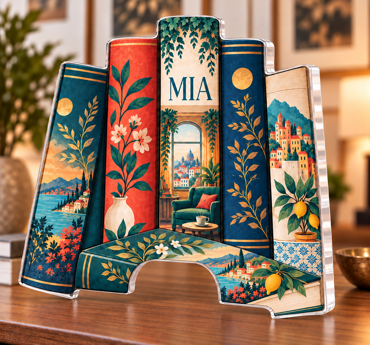 Personalized Anonymous Book Spines — Apartment Gallery Wall acrylic plaque with an example name set into the artwork, digital preview