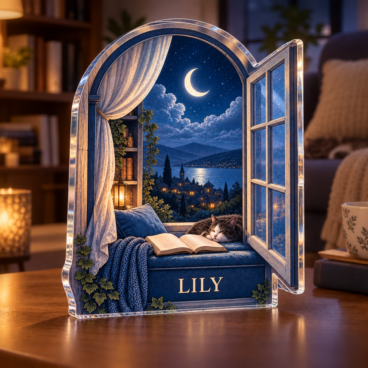 Artwork visualization: Moonlit reading window — reading nook decor, personalized LILY, subject-shaped acrylic with printed optical 3D depth; not carved relief.