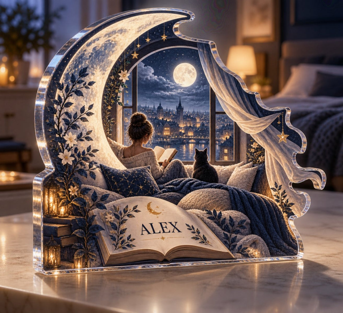 Personalized Moonlit Reading Window Bedroom Statement Decor custom shape acrylic plaque with an example name set into the artwork, digital preview