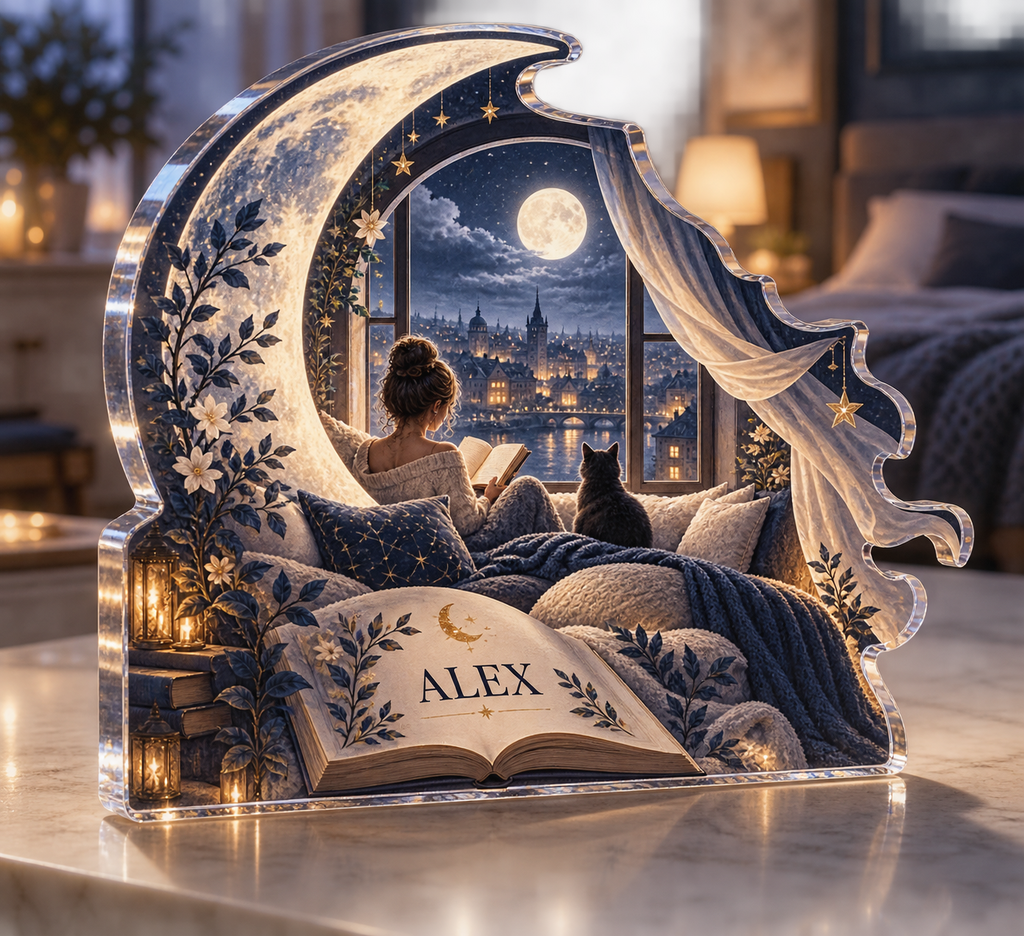 Artwork visualization: Moonlit reading window — bedroom statement decor, personalized ALEX, subject-shaped acrylic with printed optical 3D depth; not carved relief.