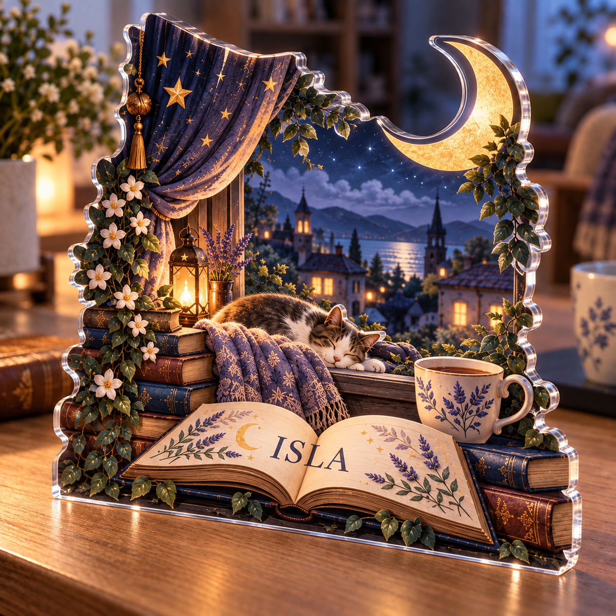 Artwork visualization: Moonlit reading window — personalized housewarming, personalized ISLA, subject-shaped acrylic with printed optical 3D depth; not carved relief.
