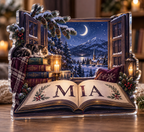 Artwork visualization: Moonlit reading window — quiet corner decoration, personalized MIA, subject-shaped acrylic with printed optical 3D depth; not carved relief.