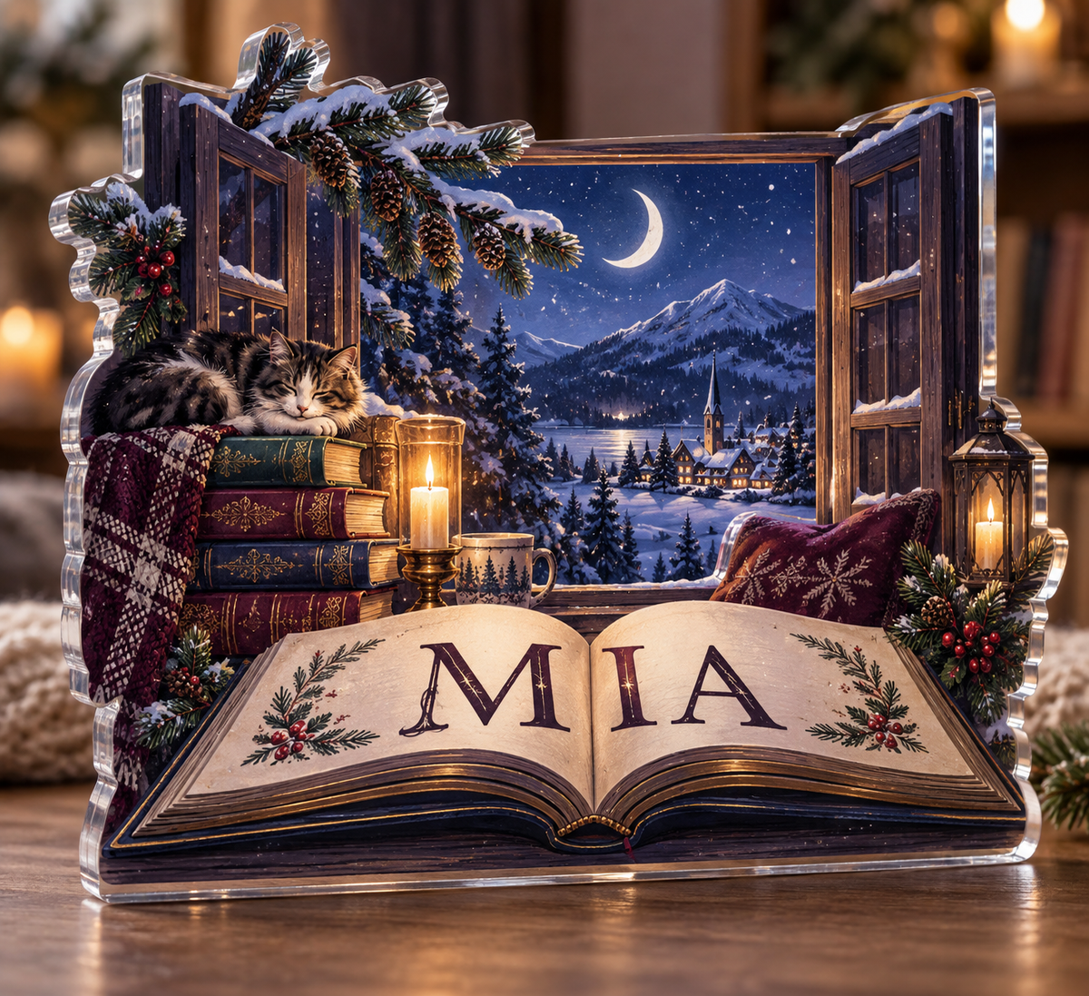 Artwork visualization: Moonlit reading window — quiet corner decoration, personalized MIA, subject-shaped acrylic with printed optical 3D depth; not carved relief.