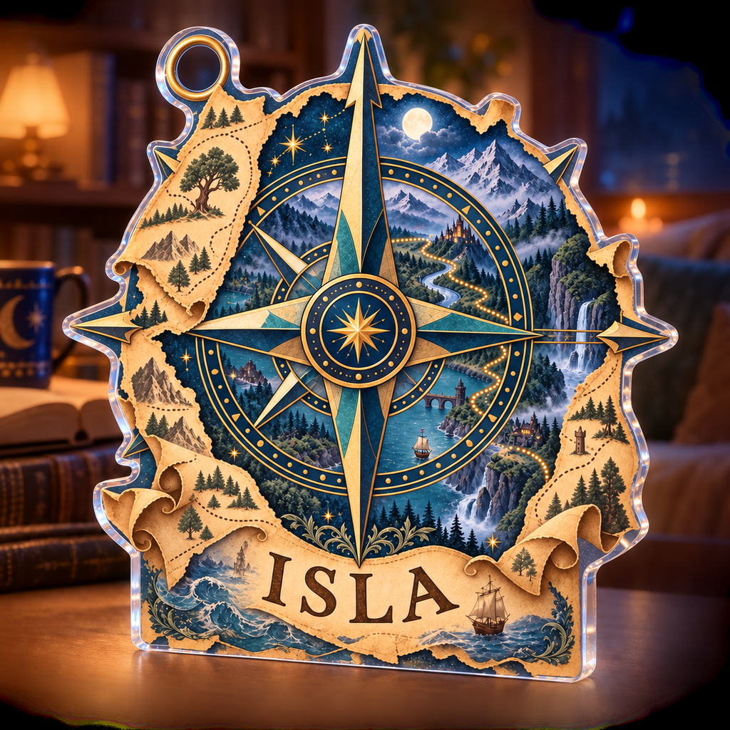 Artwork visualization: Fantasy map compass — reading nook decor, personalized ISLA, subject-shaped acrylic with printed optical 3D depth; not carved relief.