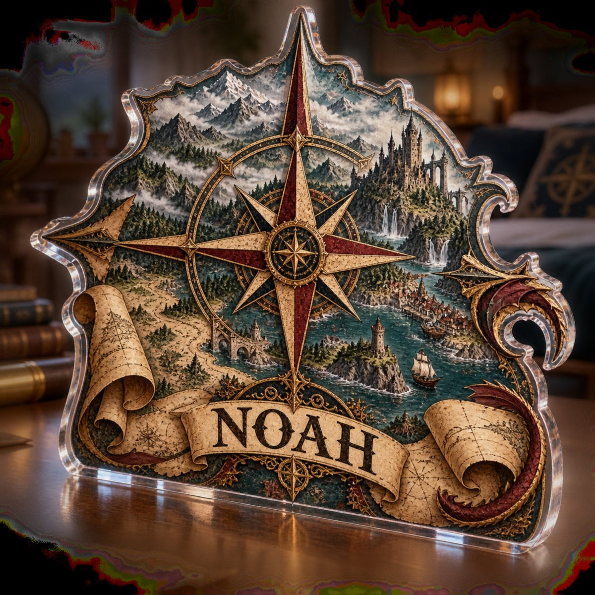 Personalized Fantasy Map Compass Bedroom Statement Decor custom shape acrylic plaque with an example name set into the artwork, digital preview