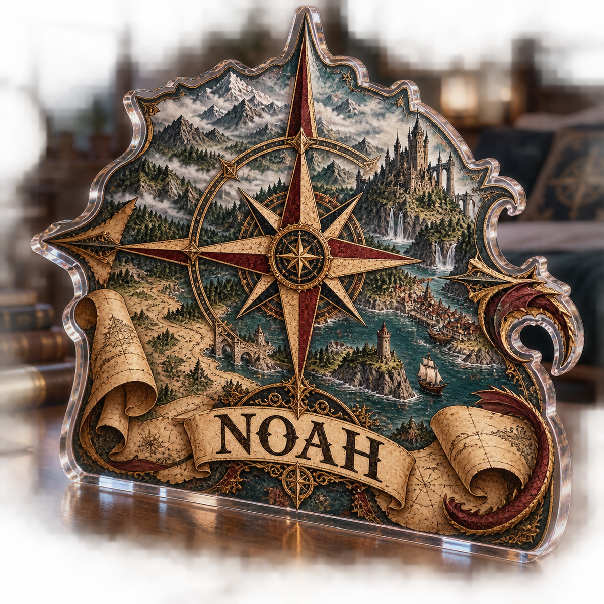 Artwork visualization: Fantasy map compass — bedroom statement decor, personalized NOAH, subject-shaped acrylic with printed optical 3D depth; not carved relief.