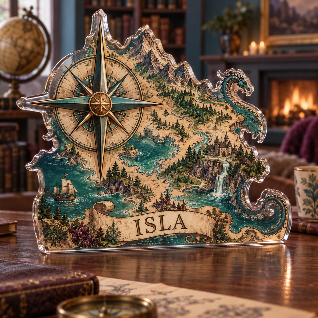 Artwork visualization: Fantasy map compass — personalized housewarming, personalized ISLA, subject-shaped acrylic with printed optical 3D depth; not carved relief.