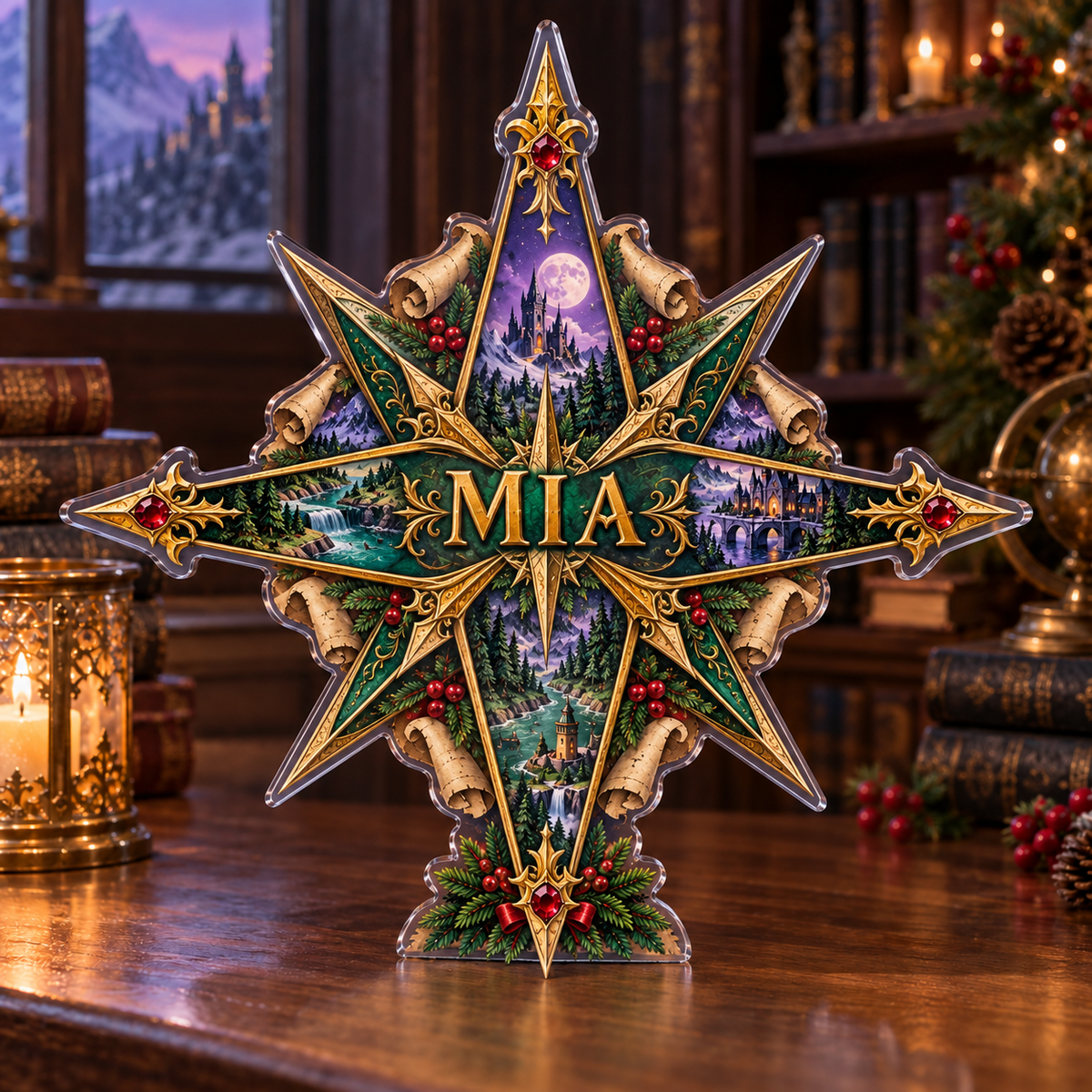 Artwork visualization: Fantasy map compass — quiet corner decoration, personalized MIA, subject-shaped acrylic with printed optical 3D depth; not carved relief.