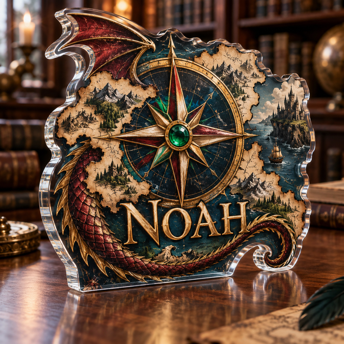 Artwork visualization: Fantasy map compass — collector birthday keepsake, personalized NOAH, subject-shaped acrylic with printed optical 3D depth; not carved relief.