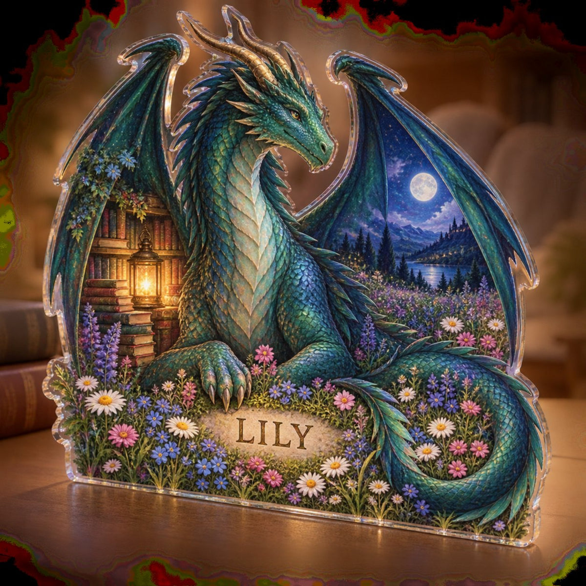 Personalized Dragon And Wildflowers Reading Nook Decor custom shape acrylic plaque with an example name set into the artwork, digital preview