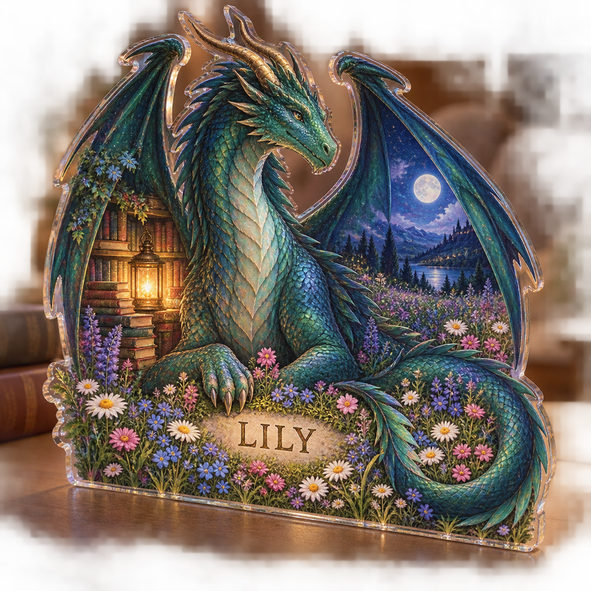 Artwork visualization: Dragon and wildflowers — reading nook decor, personalized LILY, subject-shaped acrylic with printed optical 3D depth; not carved relief.