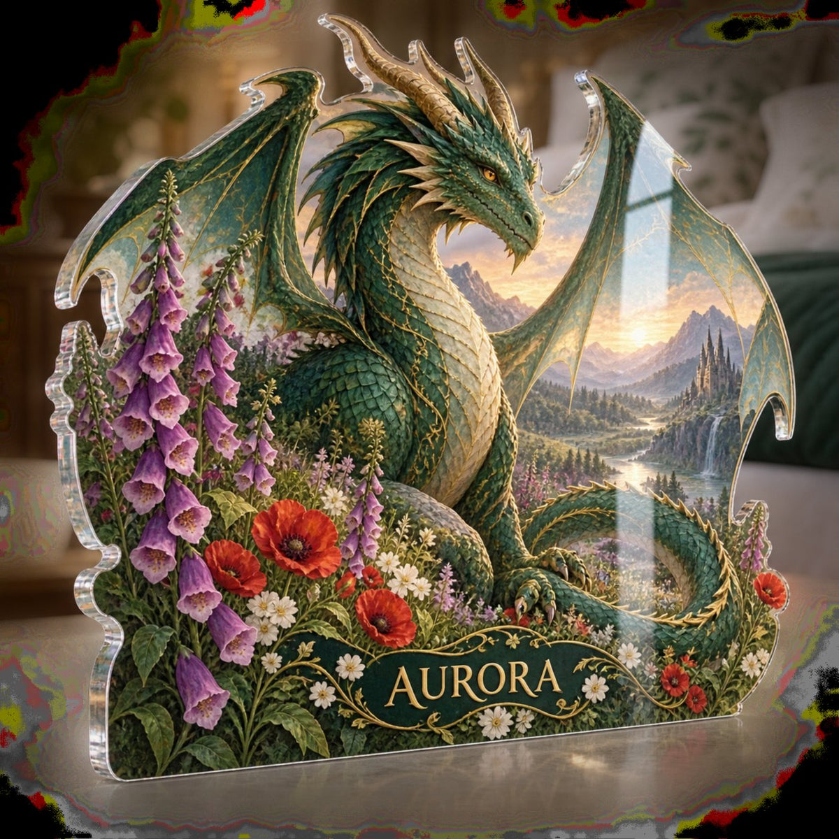 Personalized Dragon And Wildflowers Bedroom Statement Decor custom shape acrylic plaque with an example name set into the artwork, digital preview
