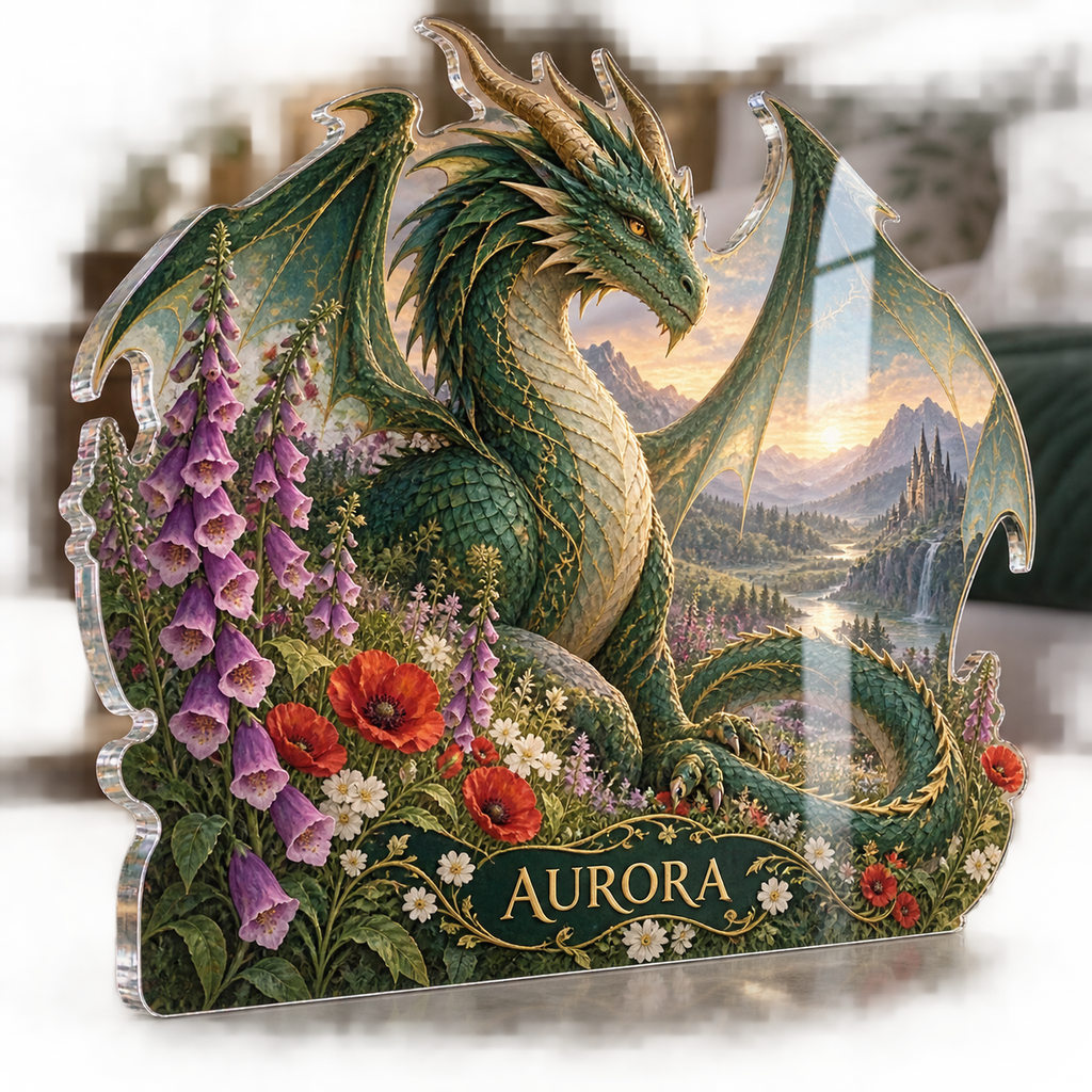 Artwork visualization: Dragon and wildflowers — bedroom statement decor, personalized AURORA, subject-shaped acrylic with printed optical 3D depth; not carved relief.