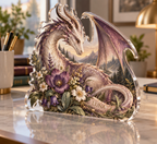 Artwork visualization: Dragon and wildflowers — home office backdrop, personalized LUNA, subject-shaped acrylic with printed optical 3D depth; not carved relief.