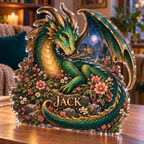 Artwork visualization: Dragon and wildflowers — personalized housewarming, personalized JACK, subject-shaped acrylic with printed optical 3D depth; not carved relief.