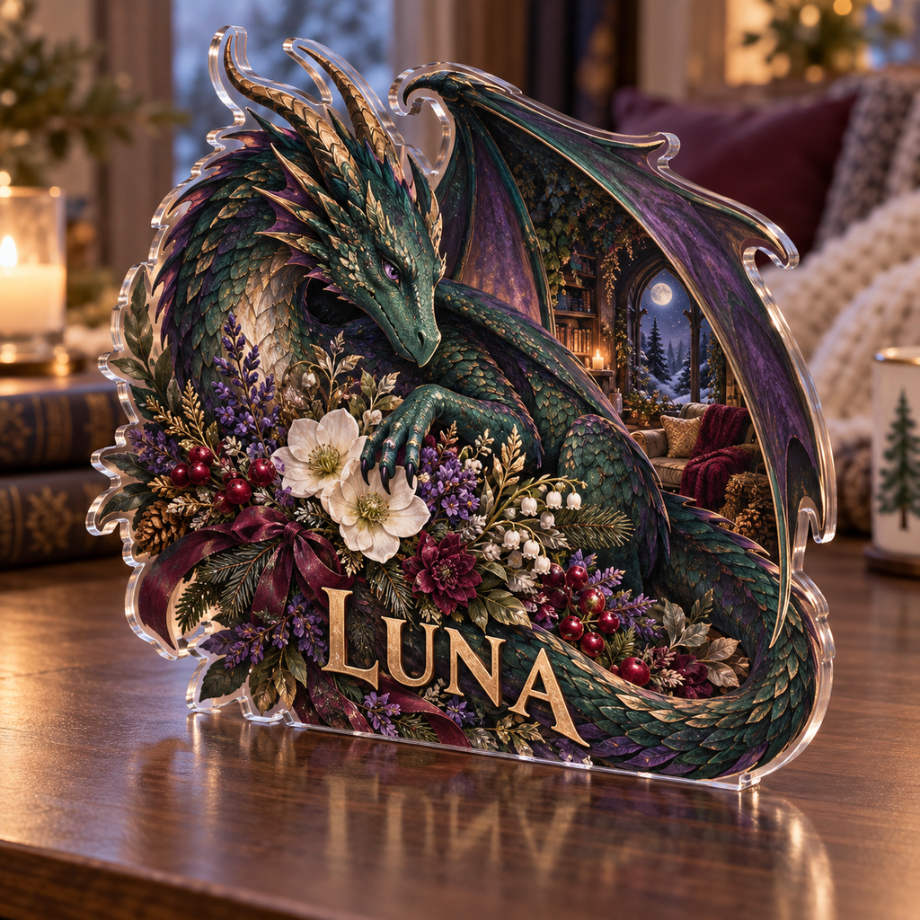 Artwork visualization: Dragon and wildflowers — quiet corner decoration, personalized LUNA, subject-shaped acrylic with printed optical 3D depth; not carved relief.