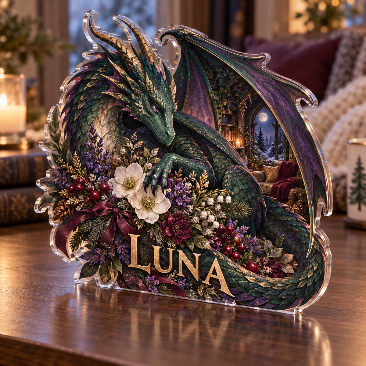Artwork visualization: Dragon and wildflowers — quiet corner decoration, personalized LUNA, subject-shaped acrylic with printed optical 3D depth; not carved relief.