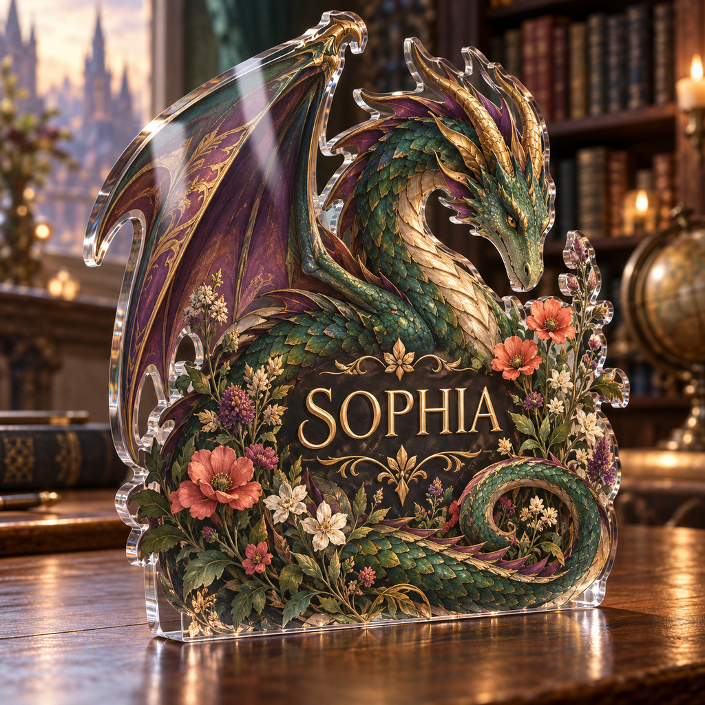 Artwork visualization: Dragon and wildflowers — collector birthday keepsake, personalized SOPHIA, subject-shaped acrylic with printed optical 3D depth; not carved relief.
