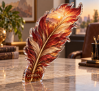 Artwork visualization: Phoenix feather — home office backdrop, personalized SOPHIA, subject-shaped acrylic with printed optical 3D depth; not carved relief.