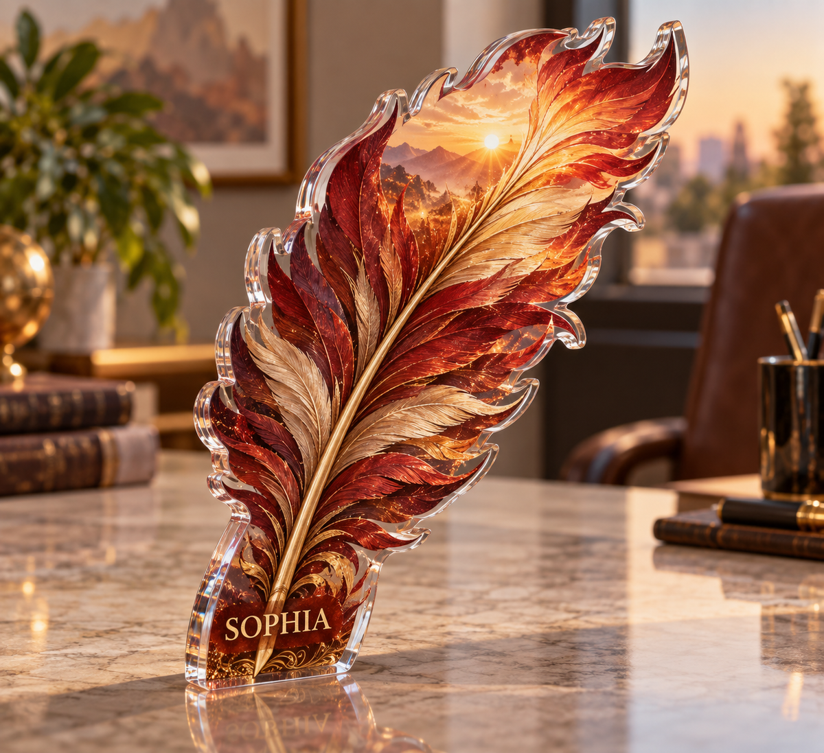 Artwork visualization: Phoenix feather — home office backdrop, personalized SOPHIA, subject-shaped acrylic with printed optical 3D depth; not carved relief.