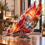 Artwork visualization: Phoenix feather — personalized housewarming, personalized NOAH, subject-shaped acrylic with printed optical 3D depth; not carved relief.