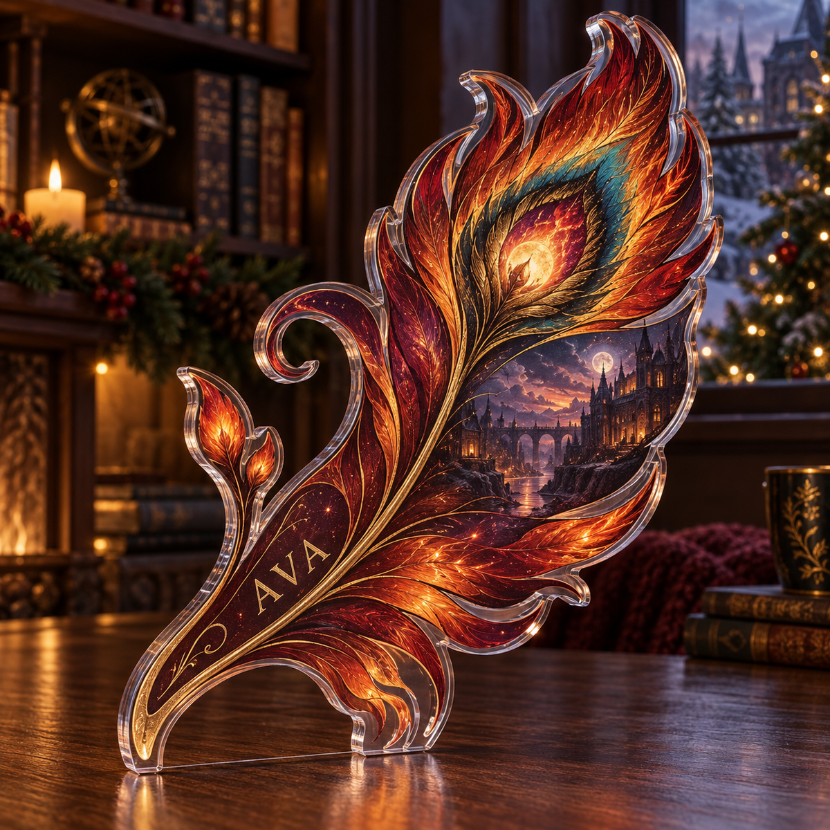 Artwork visualization: Phoenix feather — quiet corner decoration, personalized AVA, subject-shaped acrylic with printed optical 3D depth; not carved relief.