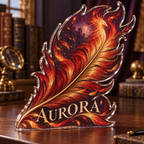 Artwork visualization: Phoenix feather — collector birthday keepsake, personalized AURORA, subject-shaped acrylic with printed optical 3D depth; not carved relief.