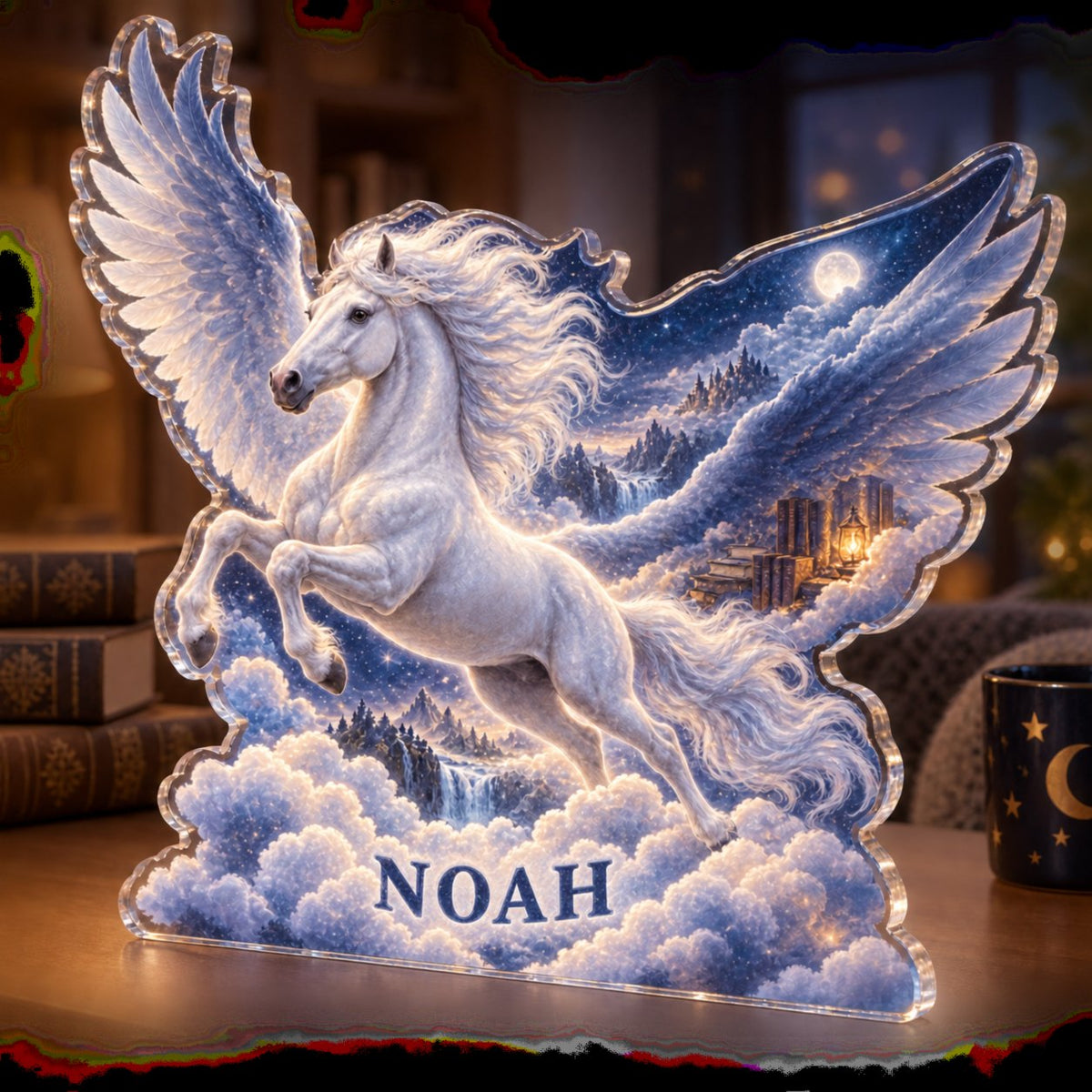 Personalized Pegasus Cloudscape Reading Nook Decor custom shape acrylic plaque with an example name set into the artwork, digital preview