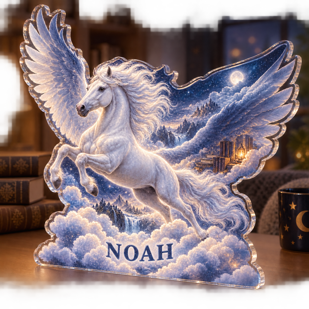 Artwork visualization: Pegasus cloudscape — reading nook decor, personalized NOAH, subject-shaped acrylic with printed optical 3D depth; not carved relief.