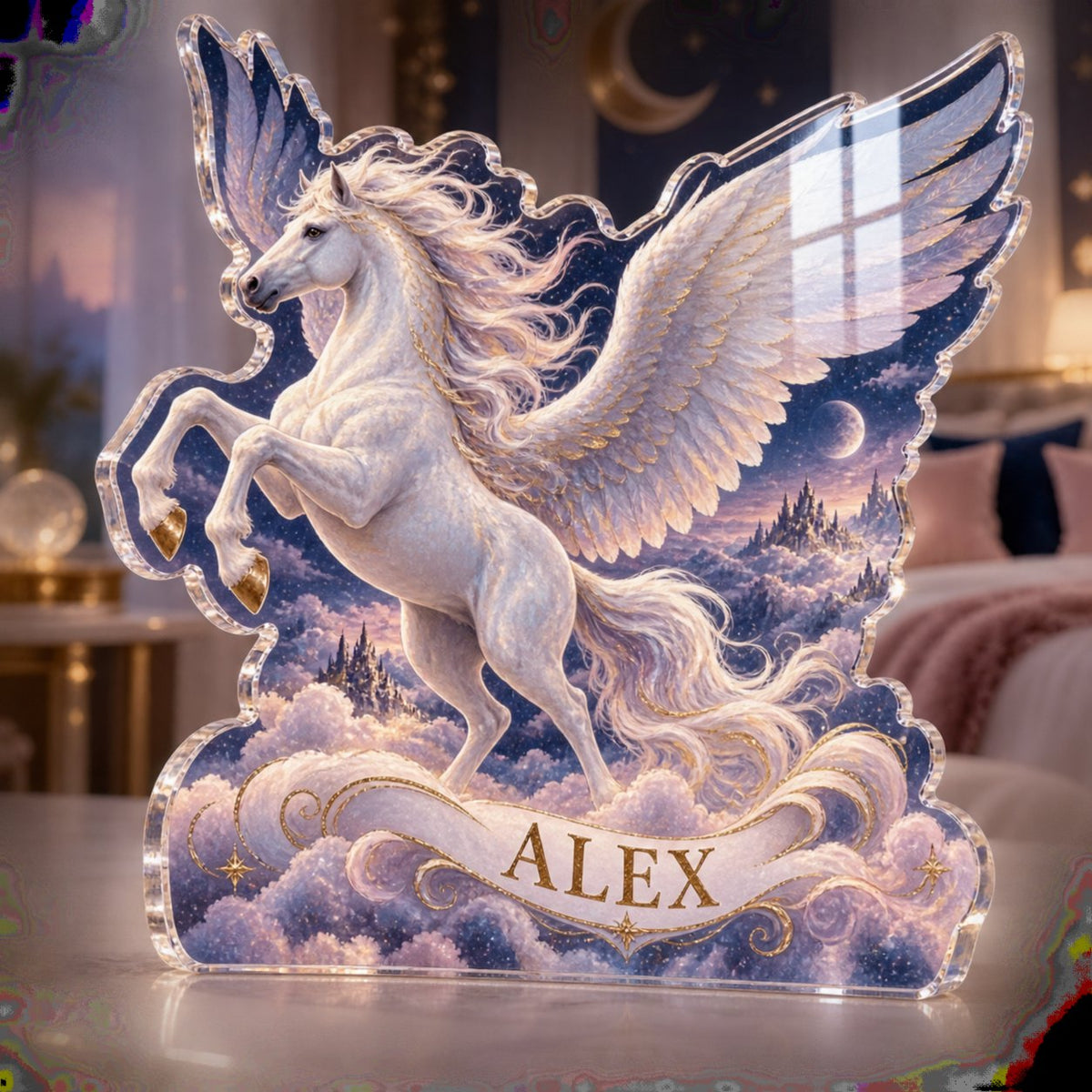Personalized Pegasus Cloudscape Bedroom Statement Decor custom shape acrylic plaque with an example name set into the artwork, digital preview