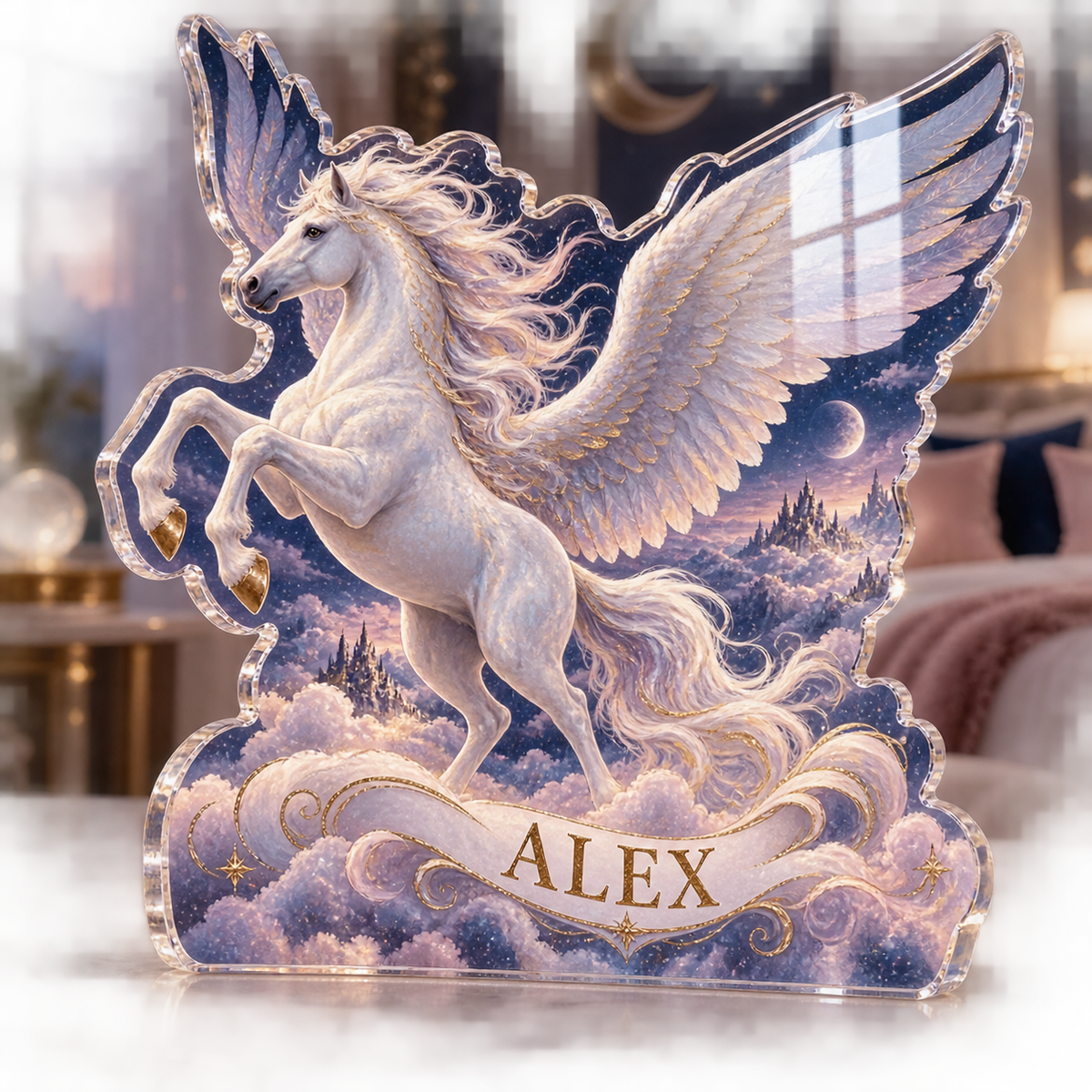 Artwork visualization: Pegasus cloudscape — bedroom statement decor, personalized ALEX, subject-shaped acrylic with printed optical 3D depth; not carved relief.