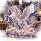 Artwork visualization: Pegasus cloudscape — bedroom statement decor, personalized ALEX, subject-shaped acrylic with printed optical 3D depth; not carved relief.