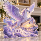 Artwork visualization: Pegasus cloudscape — personalized housewarming, personalized OLIVIA, subject-shaped acrylic with printed optical 3D depth; not carved relief.
