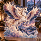 Artwork visualization: Pegasus cloudscape — quiet corner decoration, personalized ISLA, subject-shaped acrylic with printed optical 3D depth; not carved relief.