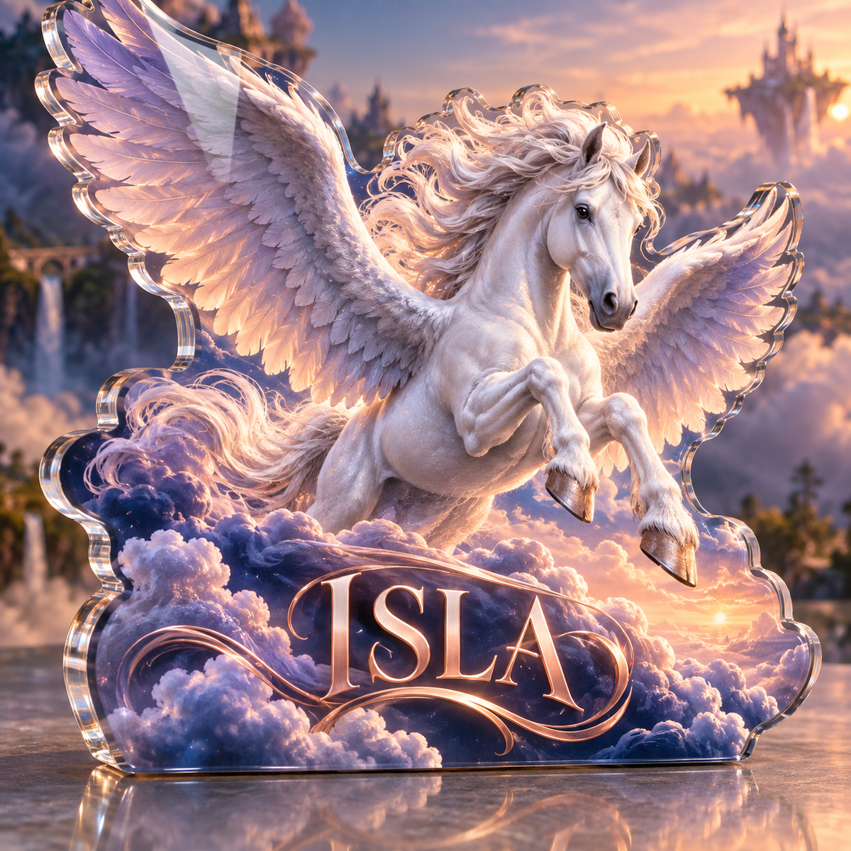 Artwork visualization: Pegasus cloudscape — collector birthday keepsake, personalized ISLA, subject-shaped acrylic with printed optical 3D depth; not carved relief.