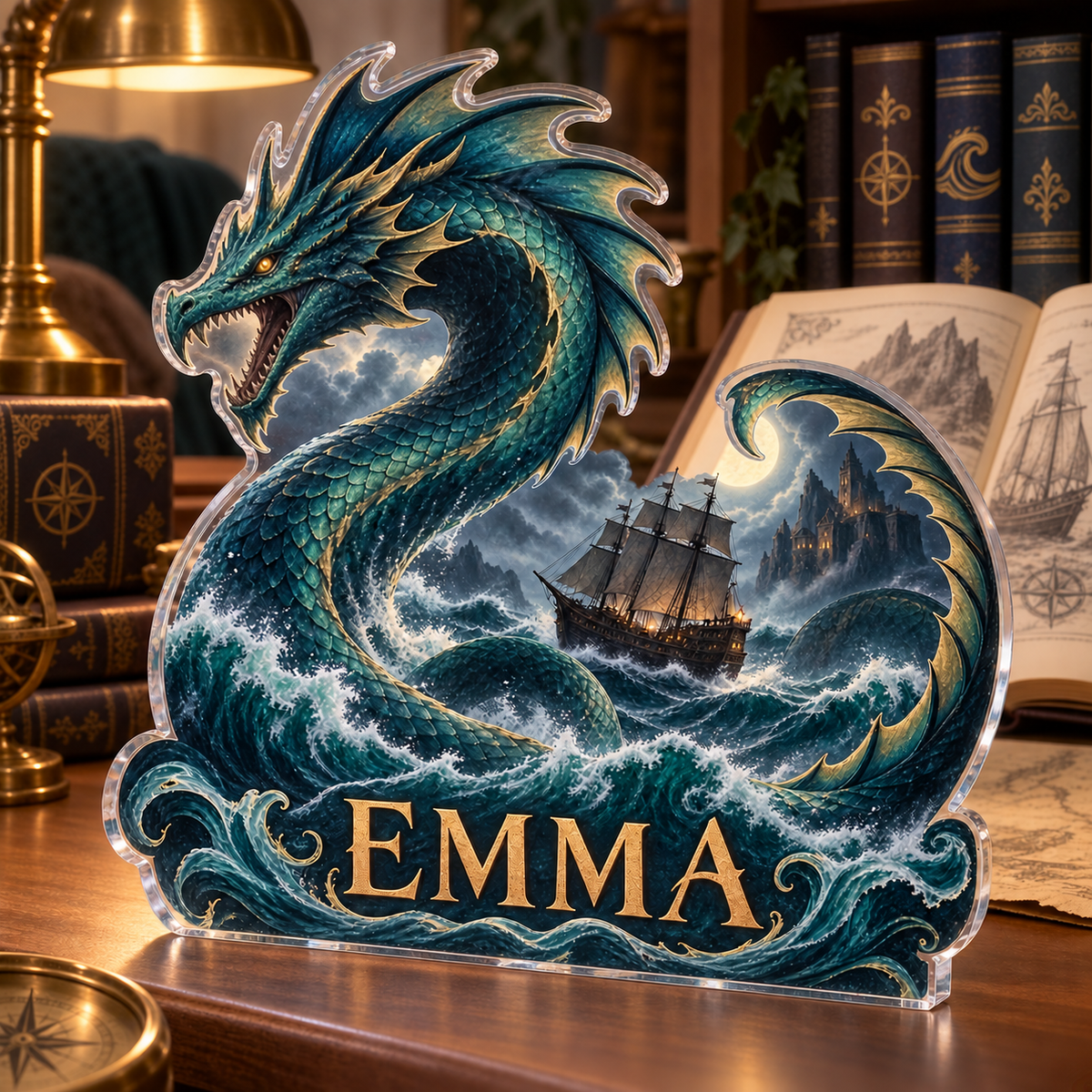 Artwork visualization: Sea serpent voyage — reading nook decor, personalized EMMA, subject-shaped acrylic with printed optical 3D depth; not carved relief.
